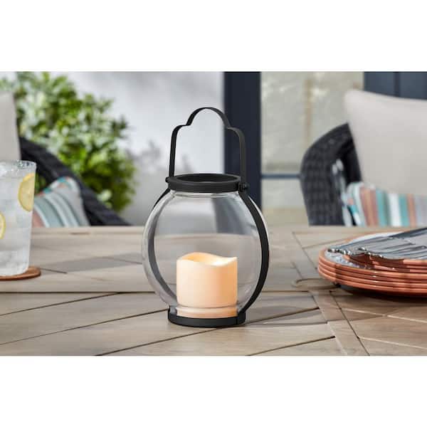 Hampton Bay 6.7 in. H Outdoor Patio Metal and Glass Lantern with LED Candle