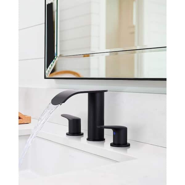 8 in. Widespread Double Handle Waterfall Bathroom Faucet with Pop-up Drain and Supply Hoses in Matte Black