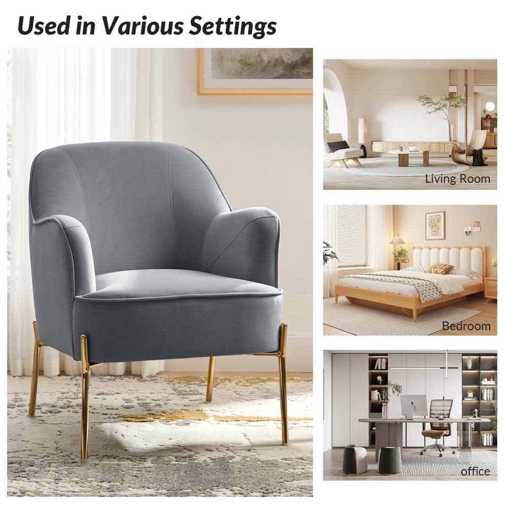 Elegant Gray Velvet Accent Chair with Golden Metal Legs