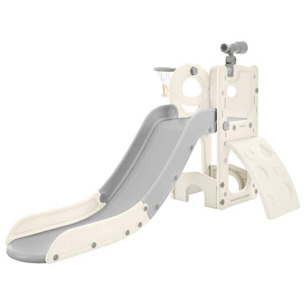 Unbranded Gray and White 5-in-1 Freestanding Spaceship Playset with Slide, Telescope and Basketball Hoop