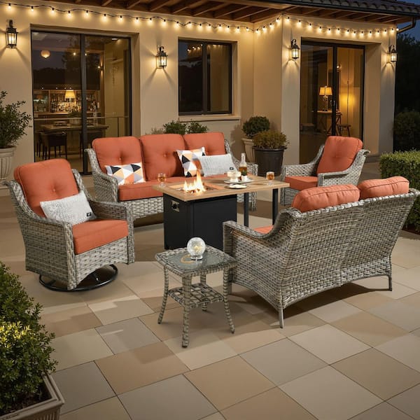 Toject Eureka Grey 6-Piece Wicker Outdoor Patio Conversation Sofa Loveseat Set with a Storage Fire Pit and Red Cushions