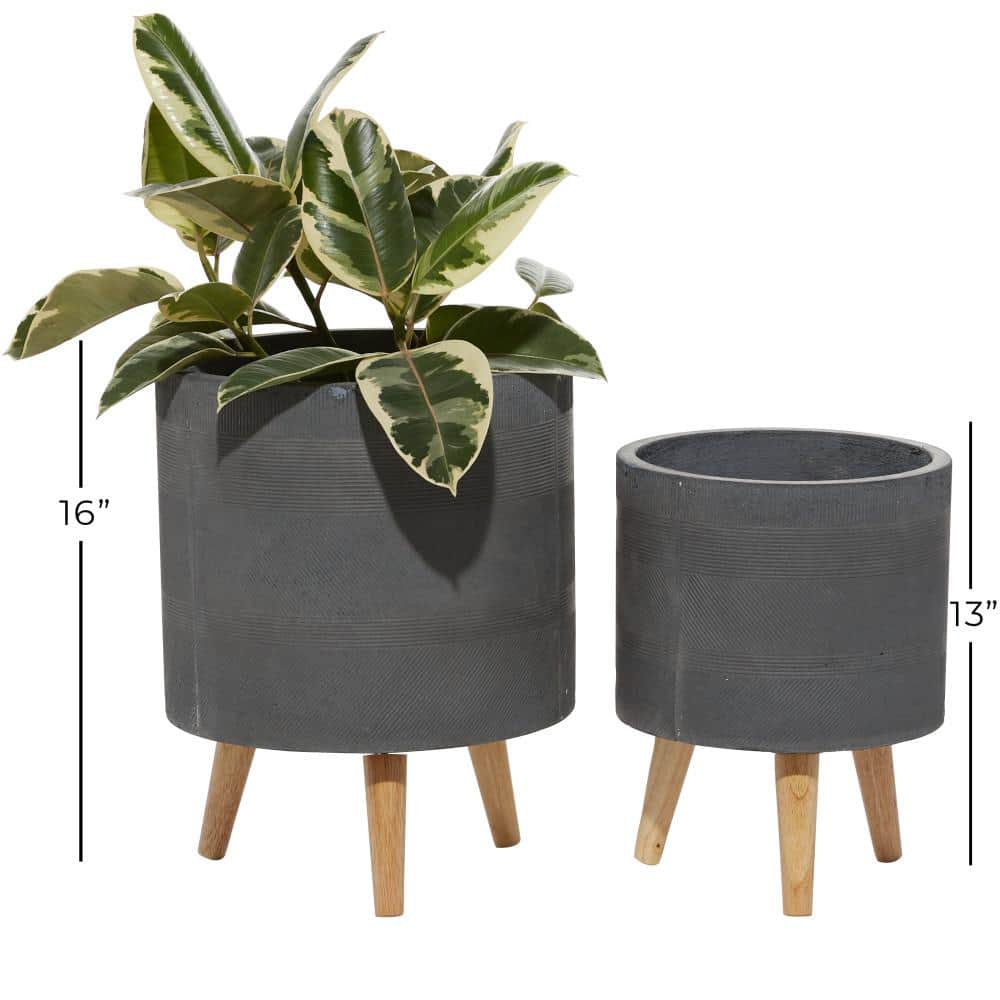 Gray Ceramic Indoor Outdoor Planter Set with Wood Legs