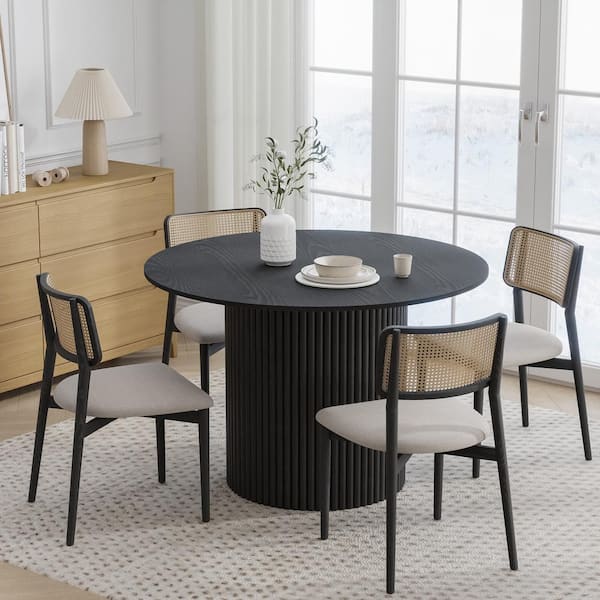 Dovelina 46 in. Oak Wood Black Column Pedestal Round Kitchen Table Dining Table Seats 4