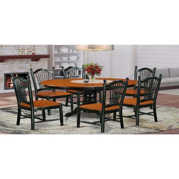 East West Furniture 7-Piece Black and Cherry Finish Solid Wood Top Dining Table with 6 Chairs with Lattice Back