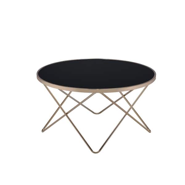 Acme Furniture Valora 34 in. Black/Champagne Medium Round Glass Coffee Table with Storage