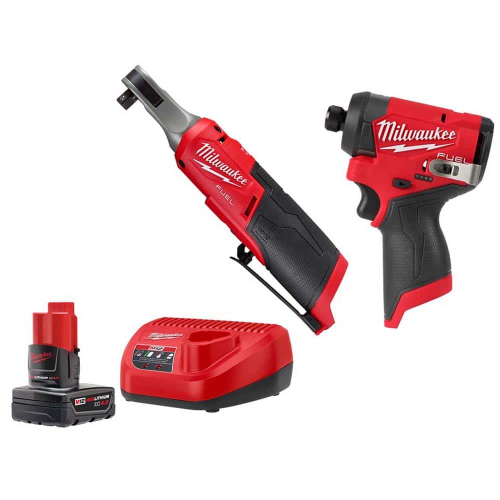Milwaukee M12 Fuel 12V Lithium-Ion Brushless Cordless 3/8 in. Ratchet & M12 Fuel 1/4 in. Hex Impact Driver w/Battery & Charger