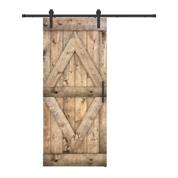 Dessliy Diamond Series 24 in. x 84 in. Fully Set Up Dark Walnut Finished Pine Wood Sliding Barn Door with Hardware Kit
