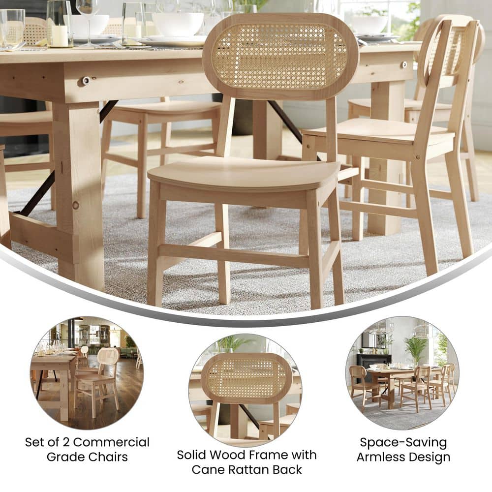Natural Wood and Cane High Back Dining Chairs, Set of 2