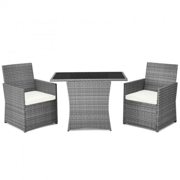 Alpulon 3-Piece Patio Rattan Wicker Outdoor Bistro Set Dining Table Set with White Cushions