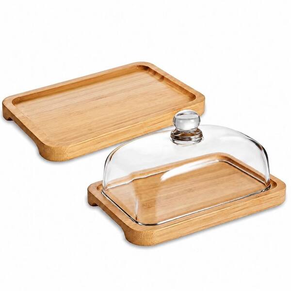 Wide Butter Dish with Glass Lid, Easy-Grip Handle and Natural Bamboo Base, Airtight Seal to Keep Butter