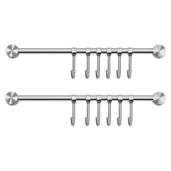 2-Pick Brushed Stainless Steel Kitchen Utensil Hanger with Sliding Hooks, Wall Mounted Rack for Pans and Cooking Tools