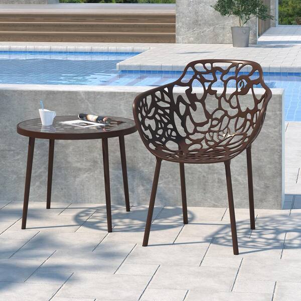 Leisuremod Devon Outdoor Dining Chair in Aluminum Modern Stackable Design Patio Arm Chair in Brown