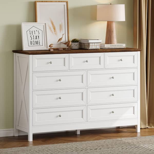 White 55.04 in. W Makeup Vanity with 9 Drawers and Silver Handle, Storage Dresser with Wood Rustic Desktop(No Mirror)