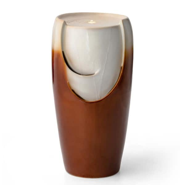 Glitzhome 29.25 in. H Outdoor Oversized Sand Beige and Brown Glaze Ceramic Pot Water Floor Fountain with LED Light