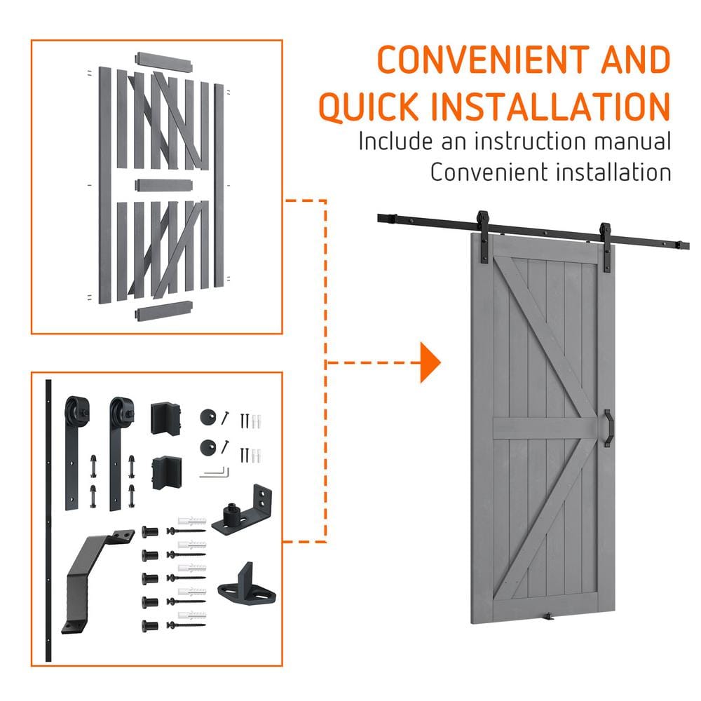 Gray Solid Wood Textured Sliding Barn Door Kit with Metal Hardware