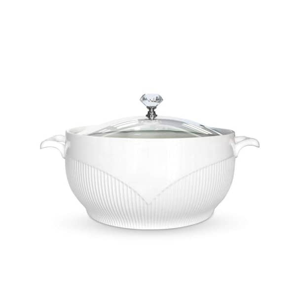 Ceramic Soup Tureen Set White Porcelain with Glass Lid Microwave Dishwasher Safe for Home Kitchen Restaurant