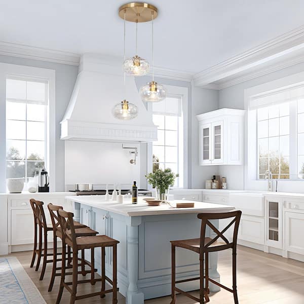 Chrysa Modern 3-Light Plated Brass Cluster Chandelier with Iridescent Glass Globes, Stairwell Foyer Entry Pendant Light