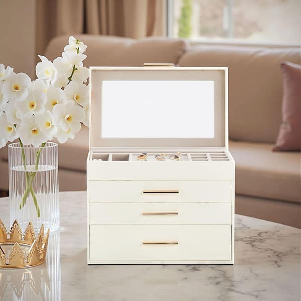 Jewelry Box 2 Drawer Storage Organizer White Case w/ Pink Velvet Lining Display Case for Dresser Vanity and Gift Giving