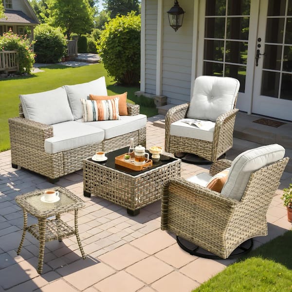 HOOOWOOO Kelleys 6-Piece Wicker Modern Outdoor Patio Conversation Seating Set with Swivel Chairs and Light Grey Cushions