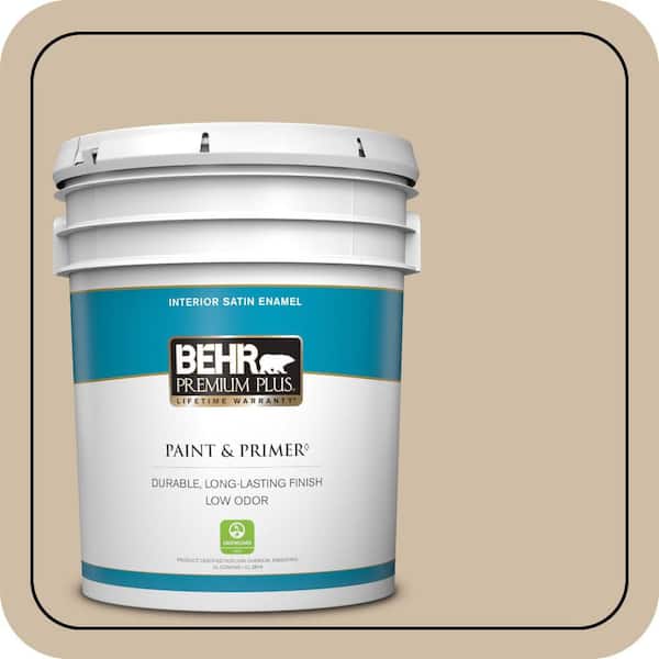 BEHR PREMIUM PLUS 5 gal. #PWL-83 Distant Tan Satin Enamel Low Odor Interior Paint & Primer