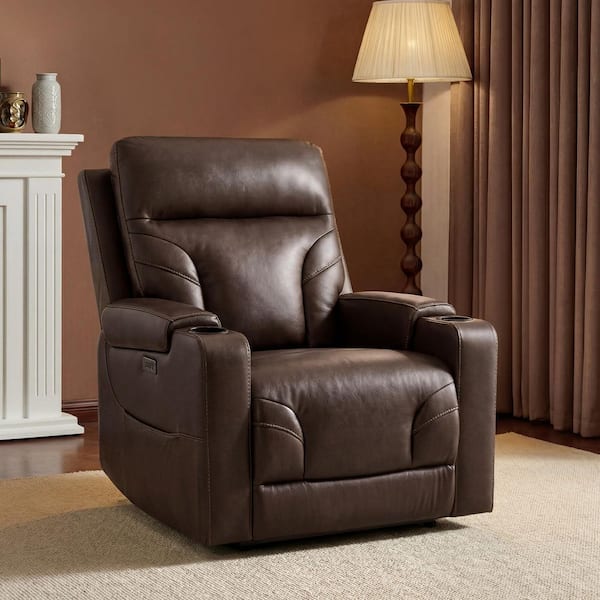 Ylva Brown Top Grain Leather Power Wall Hugger Recliner with Cup Holders, Side Pockets and USB-C, Small Space Friendly
