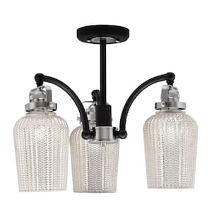 Decatur 15.25 in. 3 Light Black and Nickel Semi-Flush with 5 in. Silver Textured Glass Shades No blulbs included