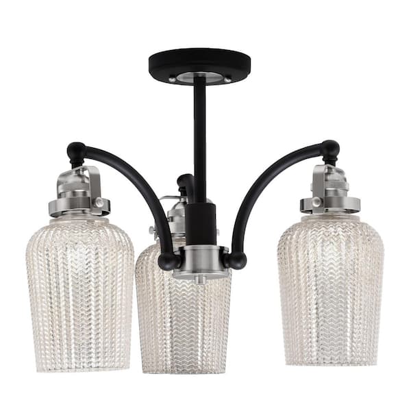Unbranded Decatur 15.25 in. 3 Light Black and Nickel Semi-Flush with 5 in. Silver Textured Glass Shades No blulbs included