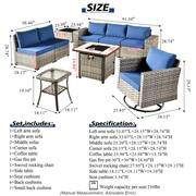 Tahoe Grey 9-Piece Wicker Patio Fire Pit Conversation Sofa Set with a Swivel Rocking Chair and Navy Blue Cushions