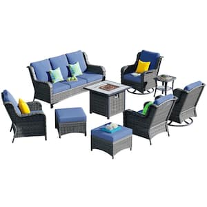 New Kenard Gray 9-Piece Wicker Patio Fire Pit Conversation Set with Denim Blue Cushions and Swivel Rocking Chairs