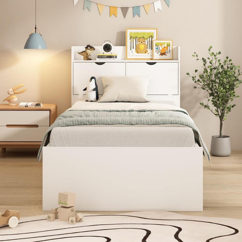 White Wood Frame Twin Bed Platform Bed Storage Bed with 3-Wheels Drawers and Headboard - thumbnail 4