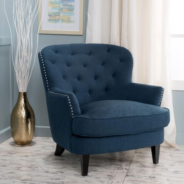 Noble House Tafted Dark Blue Fabric Diamond Tufted Club Chair