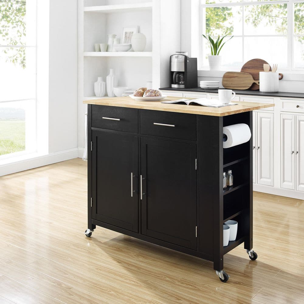 Black Wood Top Drop Leaf Kitchen Island Cart