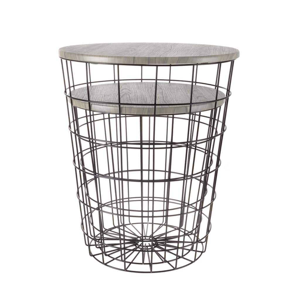 Gray Round Wood and Metal Nesting End Tables with Storage