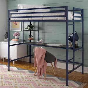 Maxwell Metal Twin Loft Bed with Desk and Shelves, Blue/ Black