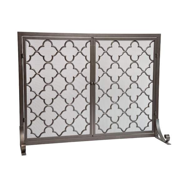 38 in. x 31 in. Geometric Pewter Metal 1-Panel Fireplace Screen with Doors
