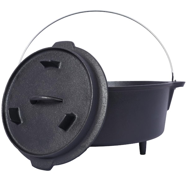 4.5 qt. Round Cast Iron Dutch Oven in Black with Lid, Outdoor Pre-Seasoned Camp Pot for Fireplace Cooking BBQ Baking