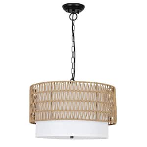 5-Light Boho Farmhouse Rattan Chandelier Pendant Light with Woven Fabric Shade, for Kitchen Bedroom Island Hallway