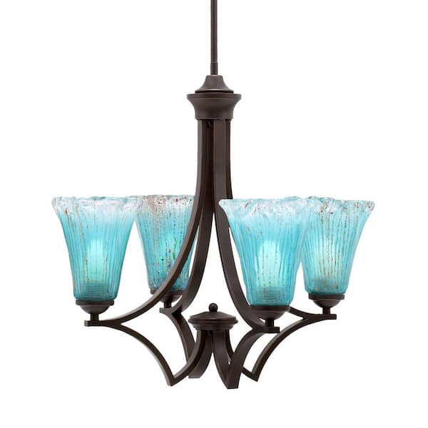 Unbranded Clevelend 4-Light Dark Granite Round Chandelier with 5.5 in. Fluted Teal Crystal Glass Shades, No bulbs included