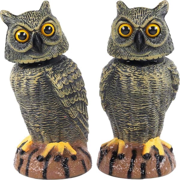 2-Pack Fake Owl Decoys for Scare Away Birds, Swivel Head Bird Repellent, Natural Enemy Scarecrow Plastic Statue