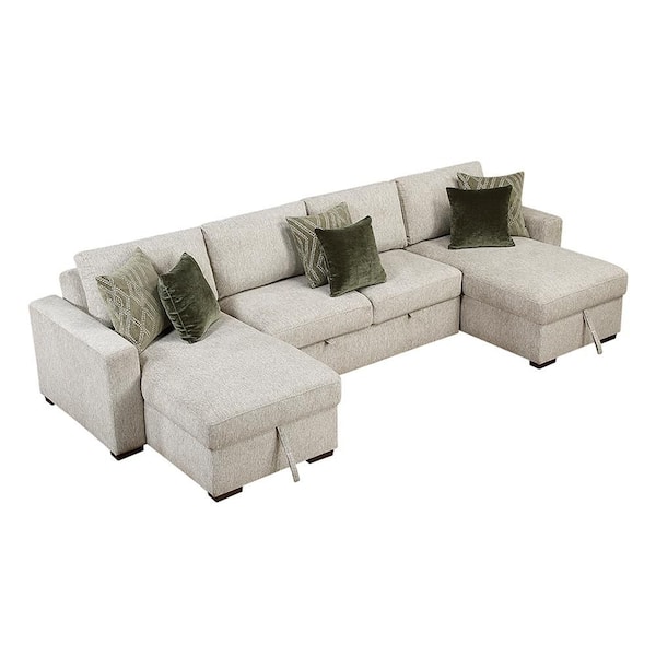 Lazzara Deleon 143 in. Straight Arm 3-Piece Microfiber Sectional Sofa with Reversible Chaises and Pull-out Bed in Sand