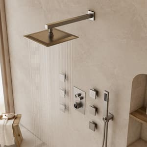 Thermostatic Valve 7-Spray Patterns Shower Faucet Set 12 in. Wall Mount Dual Shower Heads with 6-Jets in Brushed Nickel