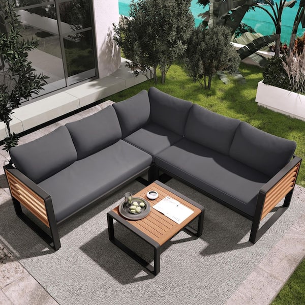 Harper & Bright Designs 4-Piece Metal and Wood Patio Conversation Set with Gray Cushions, a Coffee Table