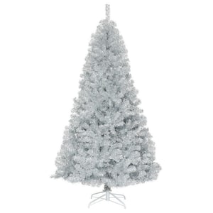 7.5 ft Silver Hinged Unlit Full PVC Classic Artificial Silver Tinsel Christmas Tree with Metal Stand and 1258 Tips