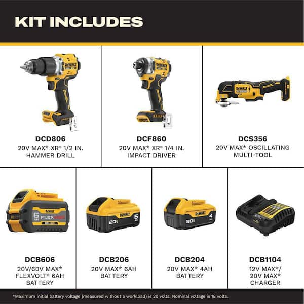 20-Volt MAX Lithium-Ion Cordless Combo Kit (3-Tool) with FLEXVOLT 6 Ah Battery, 20V 6 Ah and 4 Ah Batteries and Charger