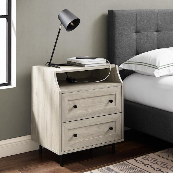 Welwick Designs 22 in. W. 2-Drawer Birch Wood and Metal Nightstand with Mountable USB Port