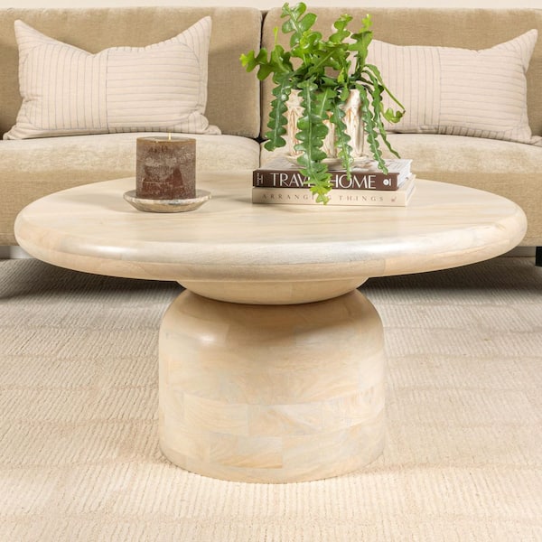 Alden 35 in. Whitewashed Finish Round Mango Wood Coffee Table with Stacked End Grain Base