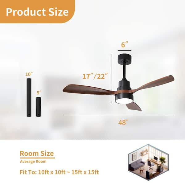 48 in. Indoor Solid Wood Walnut, Black Downrod Ceiling Fan Standard Integrated LED with Light Kit, Remote for Bedroom