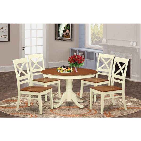 East West Furniture 5-Piece Round Buttermilk and Cherry Finish Solid Wood Top Dining table with 4 Chairs with Lattice Back