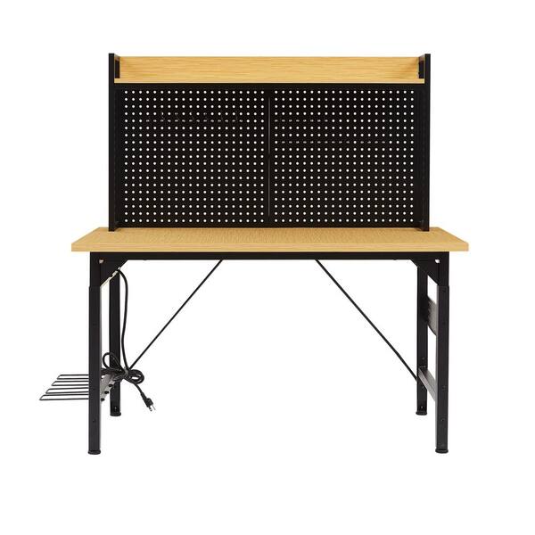 48'' Heavy Duty Wooden Adjustable Workbench with Pegboard, Wheels, AC/USB Outlet, Hooks, Shelf, 1600 lb. Load Capacity