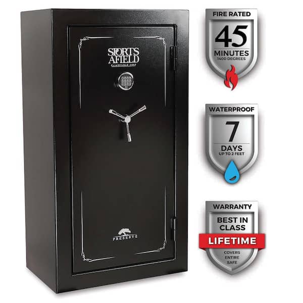 Sports Afield Preserve 32-Gun Fire and Waterproof Gun Safe with Electronic Lock, Black Textured Gloss